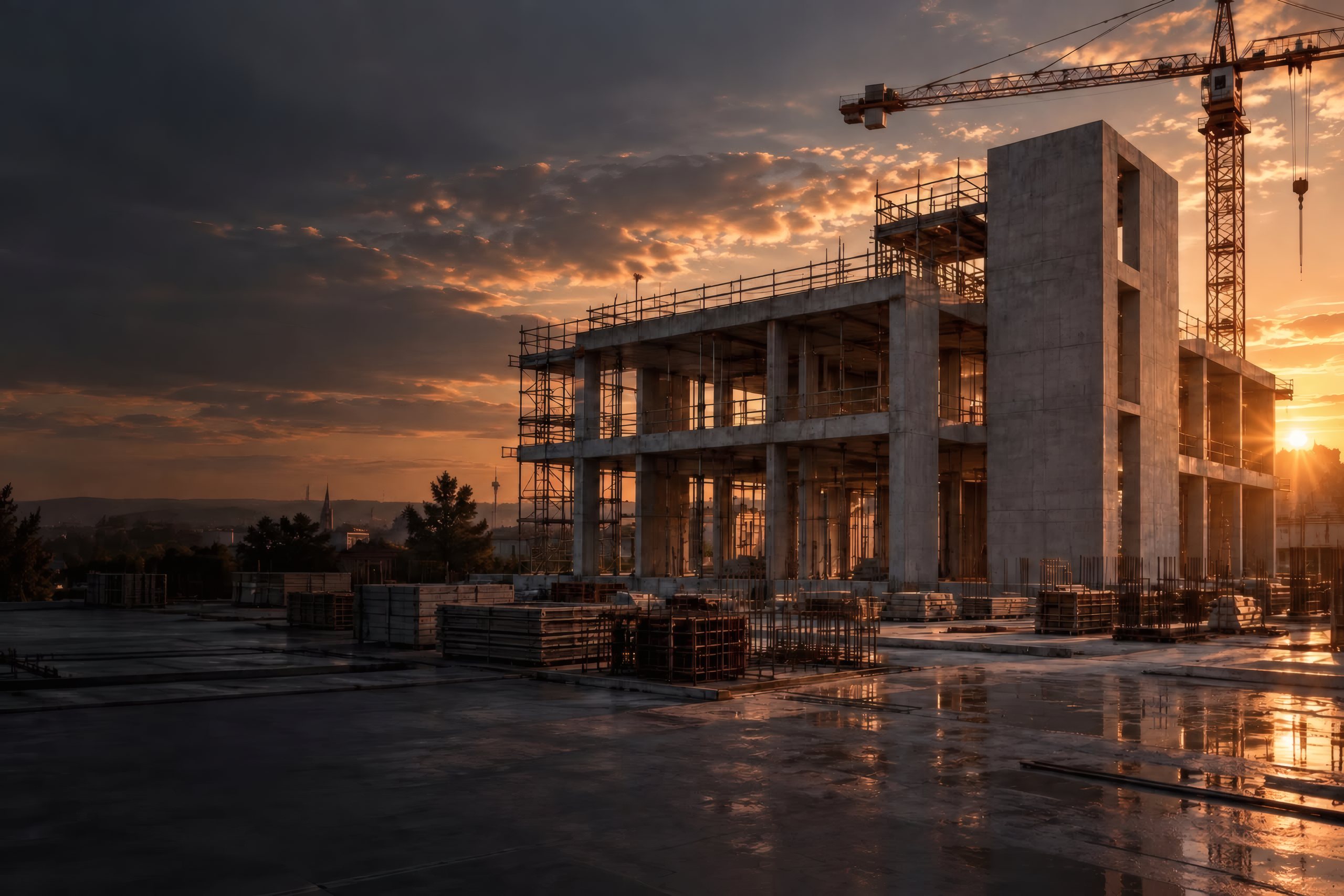 Rohbau aus Beton mit Baukran im Abendlicht
